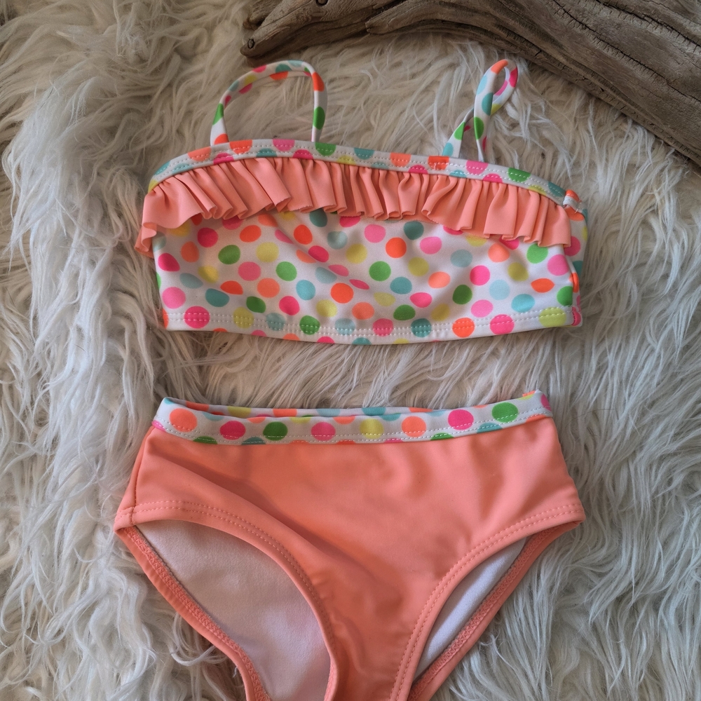 OP Girls' Peach Ruffle Bikini with Neon Polka Dots